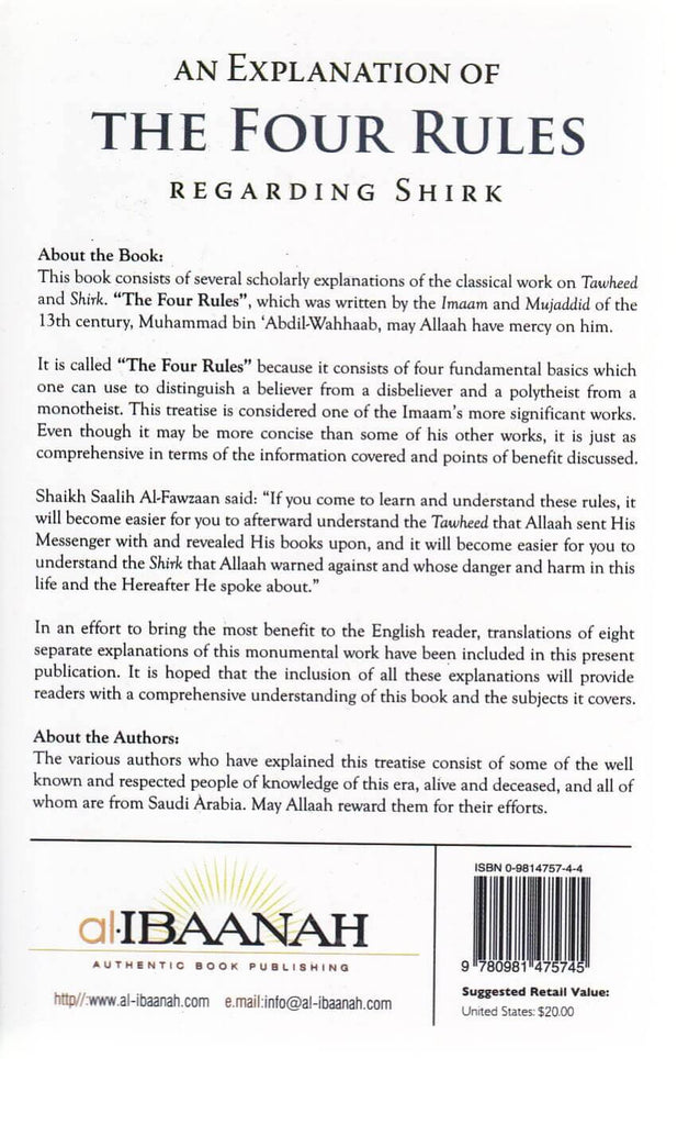 An Explanation of The Four Rules Regarding Shirk - Published by al-Ibaanah Authentic Book Publishing - Back Cover
