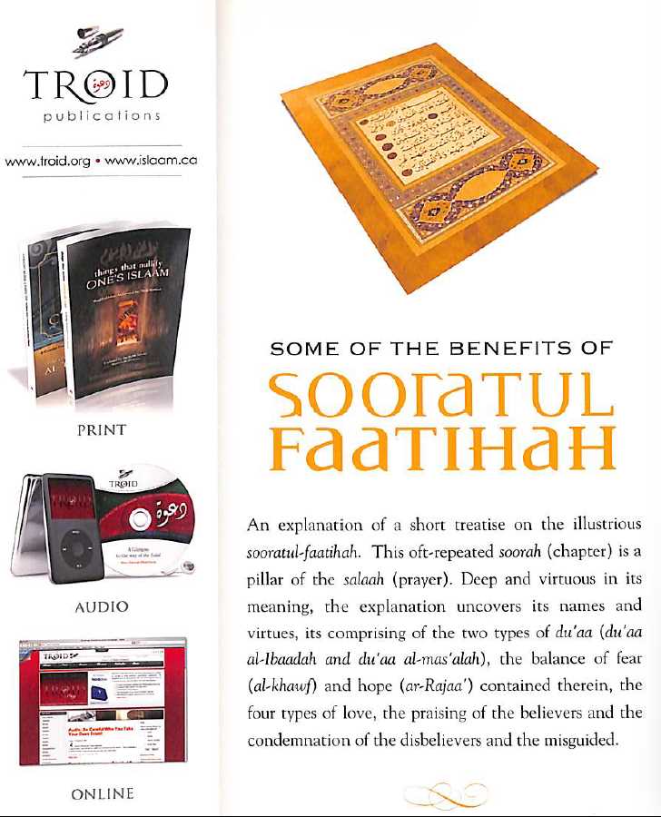 Explanation Of Some Of The Benefits Of Sooratul Faatihah - Published by TROID publications - Back Cover