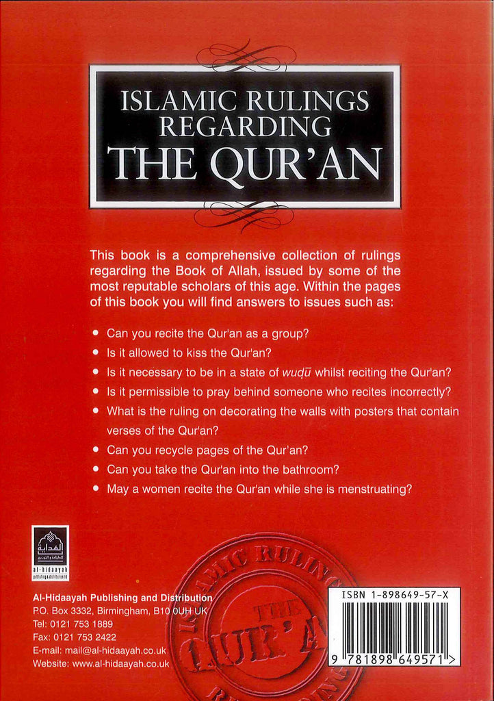 Islamic Rulings Regarding The Quran - Published by Al-Hidaayah Publishing and Distribution - Back Cover