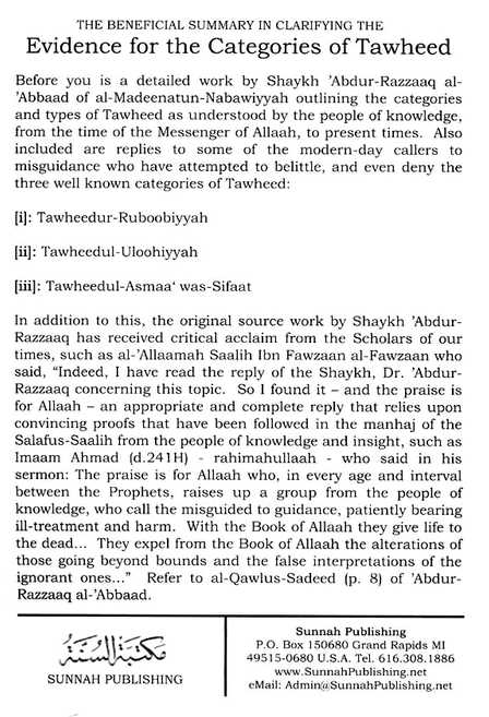 The Beneficial Summary In Clarifying The Evidences For The Categories Of Tawheed - Back Cover