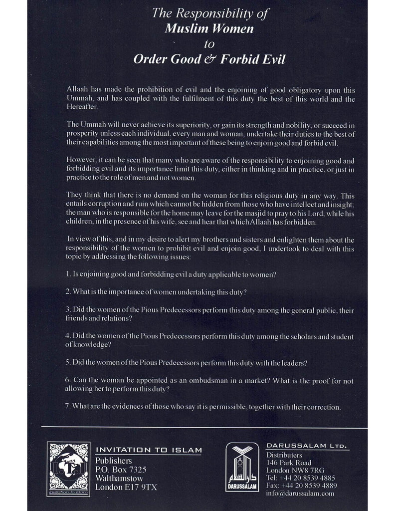 The Responsibility Of Muslim Women To Order Good and Forbid Evil - Published by Invitation To Islam - Back Cover